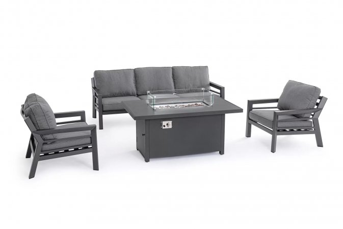 Aluminiowy komplet wypoczynkowy ogrodowy HENDRIX grafitowy nowoczesny ze stolikiem z kominkiem gazowym