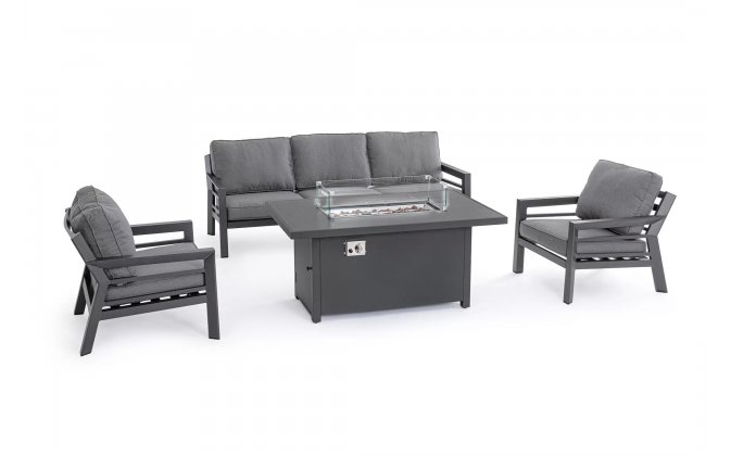 Aluminiowy komplet wypoczynkowy ogrodowy HENDRIX grafitowy nowoczesny ze stolikiem z kominkiem gazowym 