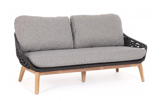 Sofa ogrodowa TAMIRES podstawa teak / siedzenie lina polipropylenowa grafitowa / poduszki szare Olefin Sofa ogrodowa TAMIRES podstawa teak / siedzenie lina polipropylenowa grafitowa / poduszki szare Olefin