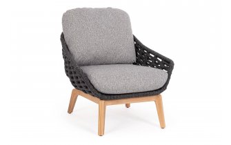 Fotel na taras TAMIRES podstawa teak / siedzenie lina polipropylenowa grafitowa / poduszki szare Olefin