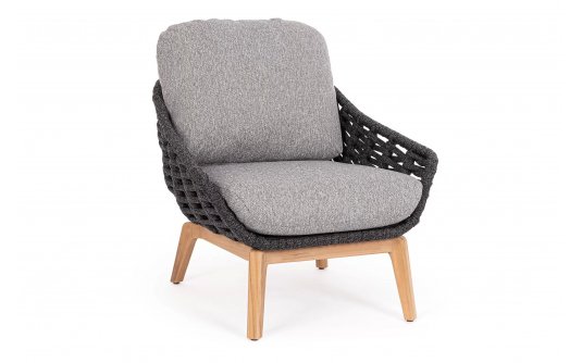 Fotel na taras TAMIRES podstawa teak / siedzenie lina polipropylenowa grafitowa / poduszki szare Olefin