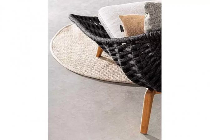 Fotel na taras TAMIRES podstawa teak / siedzenie lina polipropylenowa grafitowa / poduszki szare Olefin