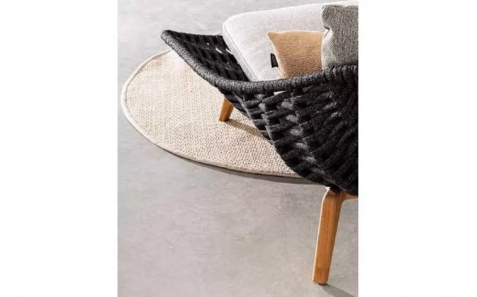 Fotel na taras TAMIRES podstawa teak / siedzenie lina polipropylenowa grafitowa / poduszki szare Olefin