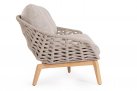 Sofa ogrodowa TAMIRES podstawa teak / siedzenie lina polipropylenowa beżowa / poduszki szarobezowe Olefin