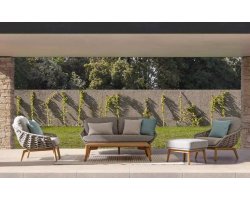 Zestaw ogrodowy TAMIRES podstawa teak / siedzenie lina polipropylenowa beżowa/ poduszki szare Olefin