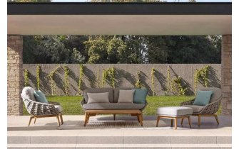 Zestaw ogrodowy TAMIRES podstawa teak / siedzenie lina polipropylenowa beżowa/ poduszki szare Olefin