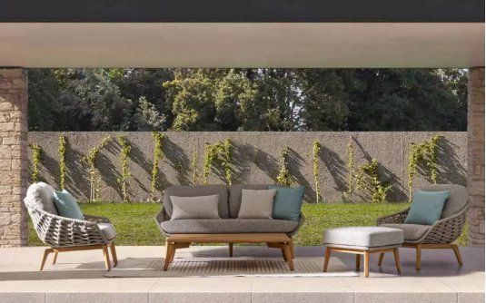 Zestaw ogrodowy TAMIRES podstawa teak / siedzenie lina polipropylenowa beżowa/ poduszki szare Olefin Zestaw ogrodowy TAMIRES podstawa teak / siedzenie lina polipropylenowa beżowa/ poduszki szare Olefin