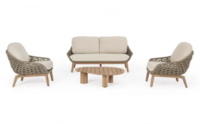 Komplet wypoczynkowy premium z podstawą z drewna tic i siedziskami z plecionki liny oraz poduszkami boucle olefin tamires bizzotto