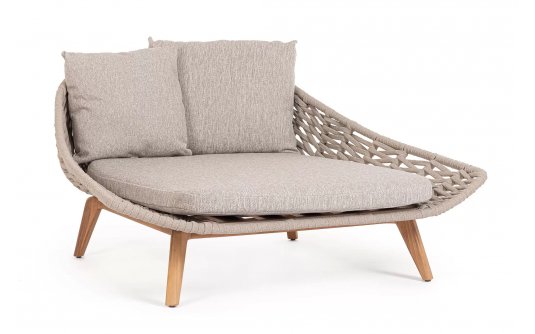 Łózko ogrodowe dwuosobowe bezowe TAMIRES podstawa teak / lina polipropylenowa i poduszki Olefin