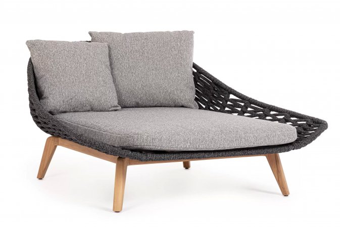 Łózko ogrodowe dwuosobowe grafitowe TAMIRES podstawa teak / lina polipropylenowa i poduszki Olefin