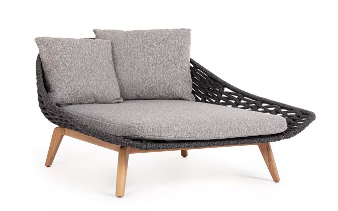 Łózko ogrodowe dwuosobowe grafitowe TAMIRES podstawa teak / lina polipropylenowa i poduszki Olefin