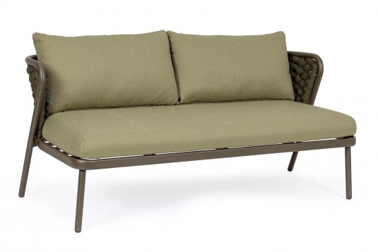 Oliwkowa sofa dwuosobowa nowoczesna aluminiowa HARLOW poduszki Olefin