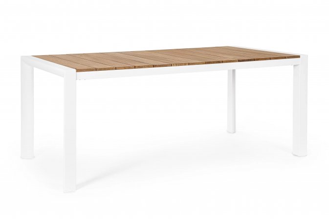 Biały stół ogrodowy aluminiowy CAMERON 160 z blatem z deseczek teak bizzotto
