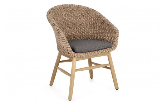 Kubełkowe krzesło ogrodowe GENESIS podstawa teak siedzenie technorattan beżowy / poduszka szara Kubełkowe krzesło ogrodowe GENESIS podstawa teak siedzenie technorattan beżowy / poduszka szara