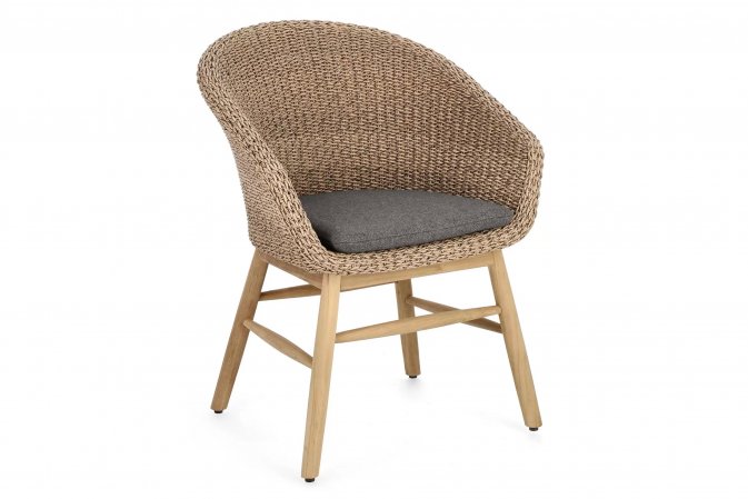 Kubełkowe krzesło ogrodowe GENESIS podstawa teak siedzenie technorattan beżowy / poduszka szara