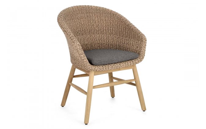 Kubełkowe krzesło ogrodowe GENESIS podstawa teak siedzenie technorattan beżowy / poduszka szara