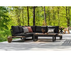 Otwarty narożnik aluminiowy grafitowy ze stolikami bocznymi SOHO i blatami teak