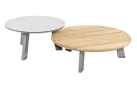 Dwa stoliki okrągłe na taras EMMA nogi aluminiowe jasnoszareblaty d80 teak i d65 ceramiczny