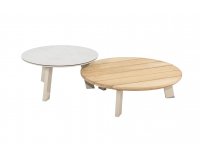 Komplet 2 stolików okrągłych EMMA nogi aluminiowe beżowe blaty d80 teak i d65 ceramiczny