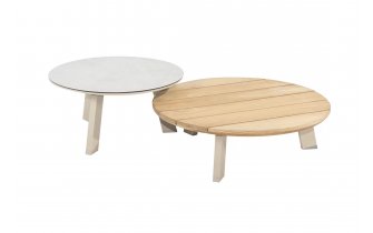 Komplet 2 stolików okrągłych EMMA nogi aluminiowe beżowe blaty d80 teak i d65 ceramiczny