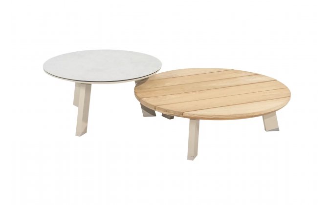 Komplet 2 stolików okrągłych EMMA nogi aluminiowe beżowe blaty d80 teak i d65 ceramiczny