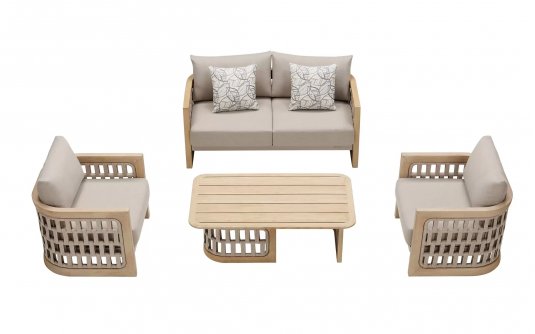 Teakowy nowoczesny komplet wypoczynkowy na taras RIVA Lounge 2-osobowa sofa higold z liną polipropylenową Teakowy nowoczesny komplet wypoczynkowy na taras RIVA Lounge 2-osobowa sofa higold z liną polipropylenową