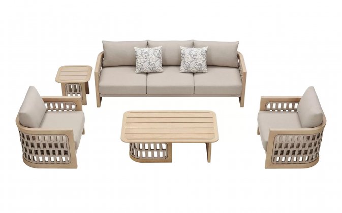 Teakowy nowoczesny komplet wypoczynkowy na taras RIVA Lounge 3-osobowa sofa higold z liną polipropylenową 