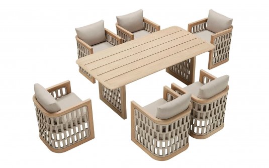 Meble stołowe teakowe RIVA stół 200x100 i 6 krzeseł z poduszkami