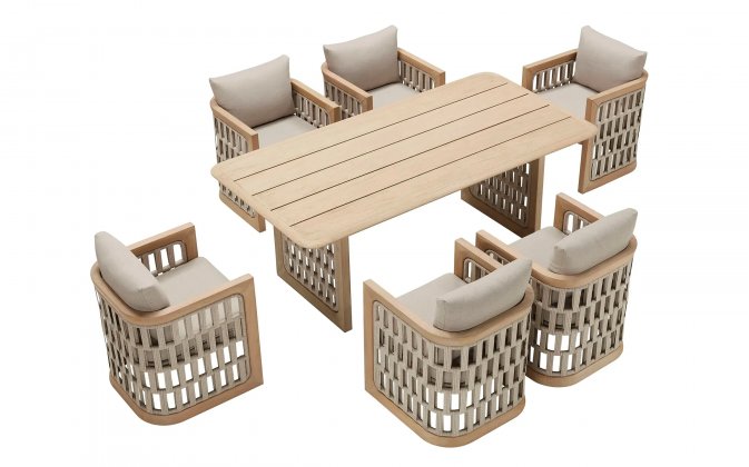 Meble stołowe teakowe RIVA stół 200x100 i 6 krzeseł z poduszkami