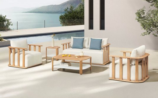 Teakowy zestaw wypoczynkowy do patio PALLISAD Lounge beżowe poduszki grube Higold