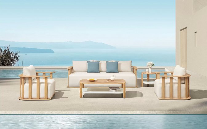 Teakowy zestaw wypoczynkowy do patio PALLISAD Lounge BIG beżowe poduszki grube Higold