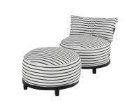 Okrągły fotel ogrodowy pasy czarno-białe Sunbrella EMMA Hartman z podnóżkiem