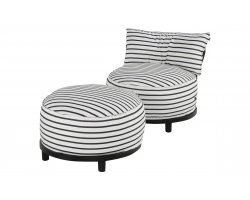 Okrągły fotel ogrodowy pasy czarno-białe Sunbrella EMMA Hartman z podnóżkiem