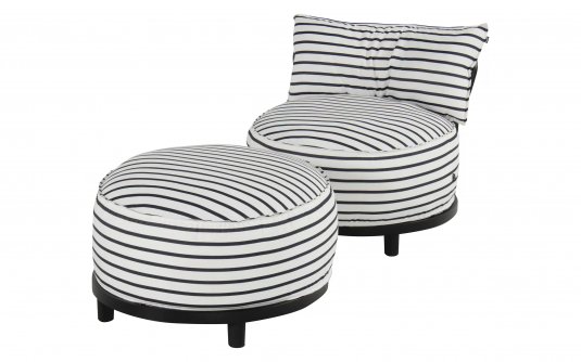 Okrągły fotel ogrodowy pasy czarno-białe Sunbrella EMMA Hartman z podnóżkiem