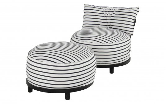 Okrągły fotel ogrodowy pasy czarno-białe Sunbrella EMMA Hartman z podnóżkiem