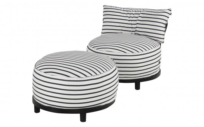 Okrągły fotel ogrodowy pasy czarno-białe Sunbrella EMMA Hartman z podnóżkiem