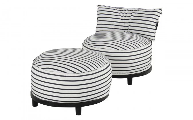 Okrągły fotel ogrodowy pasy czarno-białe Sunbrella EMMA Hartman z podnóżkiem