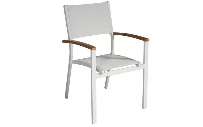 Białe krzesło ogrodowe sztaplowane nowoczesne z podlokietnikami teak TENERIFE