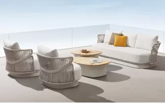 Beżowy ekskluzywny komplet wypoczynkowy ogrodowy AIO Higold lina polipropylenowa