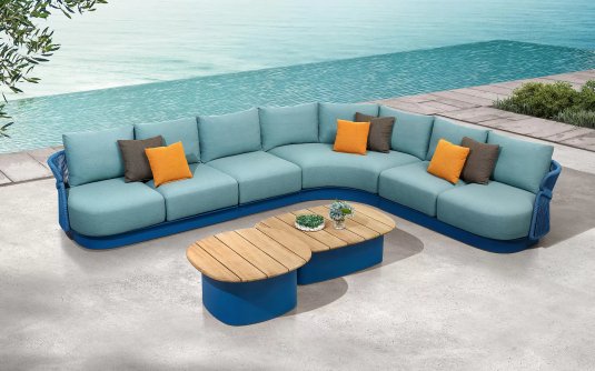 Niebieski ekskluzywny narożnik na taras aluminiowy AIO Higold lina polipropylenowa