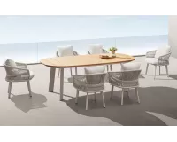Beżowy zestaw stołowy ogrodowy AIO blat stołu teak