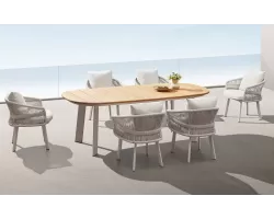 Beżowy zestaw stołowy ogrodowy AIO blat stołu teak