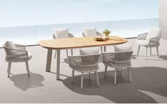Beżowy zestaw stołowy ogrodowy AIO blat stołu teak