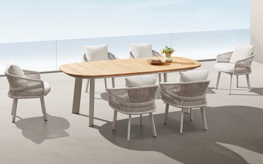 Beżowy zestaw stołowy ogrodowy AIO blat stołu teak