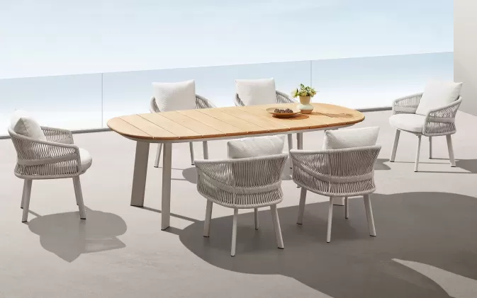 Beżowy zestaw stołowy ogrodowy AIO blat stołu teak