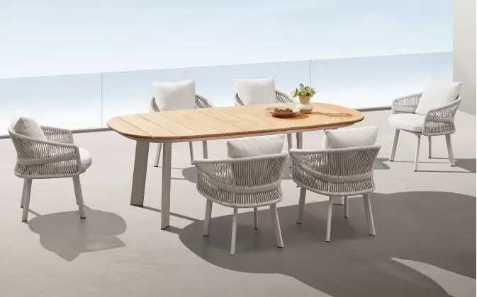 Beżowy zestaw stołowy ogrodowy AIO blat stołu teak