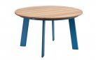 Niebieski komplet stołowy aluminiowy okrały stół d135 AIO blat teak plecionka lina polipropylenowa