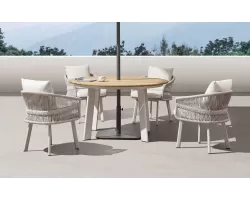 Beżowy okrągły luksusowy zestaw stół i 4 krzesła na taras AIO Higold