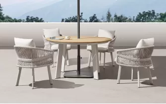 Beżowy okrągły luksusowy zestaw stół i 4 krzesła na taras AIO Higold