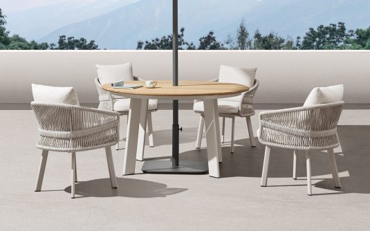 Beżowy okrągły luksusowy zestaw stół i 4 krzesła na taras AIO Higold